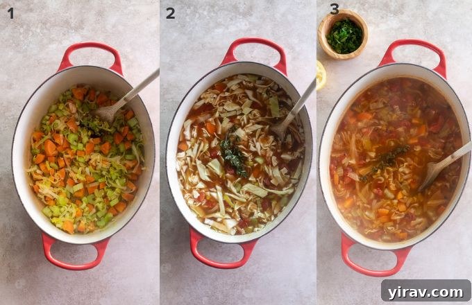 How to make cabbage vegetable soup, showing the process of sautéing vegetables.