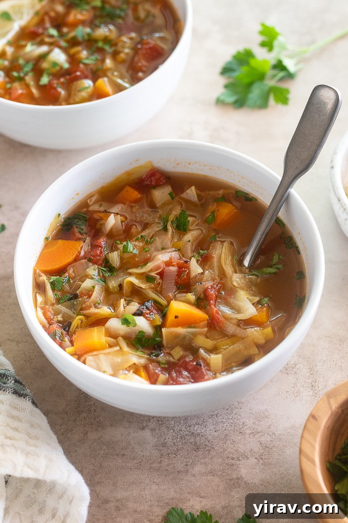 Cabbage vegetable soup in a bowl, garnished with fresh herbs, ready to be enjoyed.