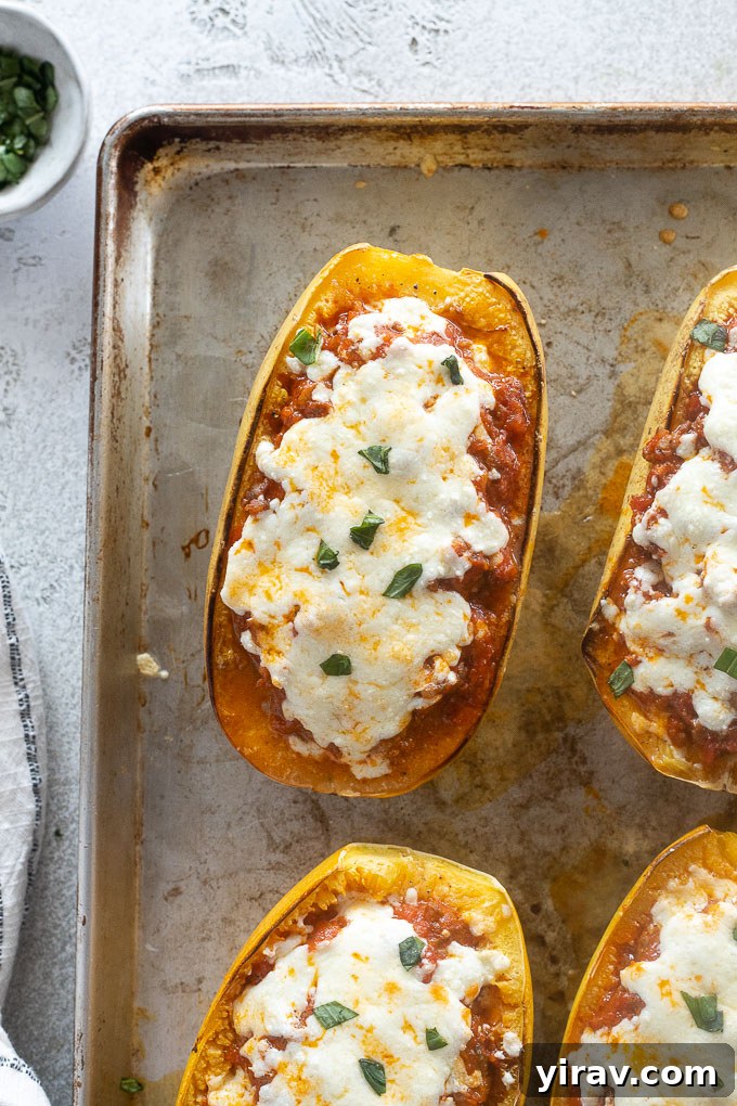 Noodle-Free Lasagna Bake 3 Spaghetti squash lasagna on a sheet pan garnished with basil
