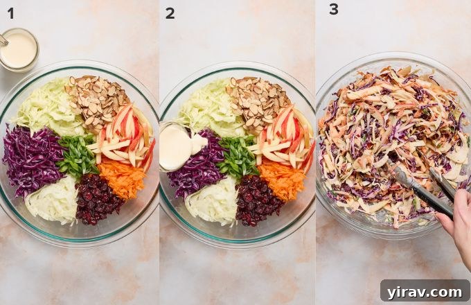 Bright Apple Fennel Slaw 5 A step-by-step image demonstrating the process of mixing ingredients for Fennel and Apple Slaw in a large bowl.