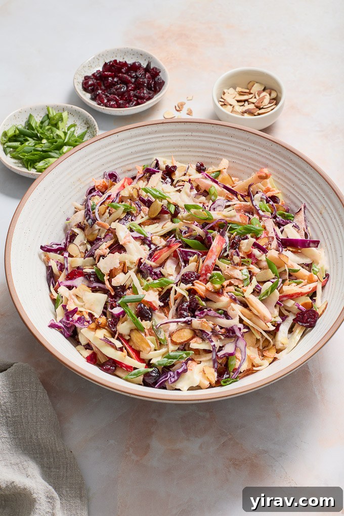 Bright Apple Fennel Slaw 7 A vibrant bowl of Apple and Fennel Slaw surrounded by fresh garnishes on a light wooden surface.