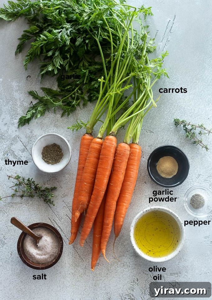 Effortless Air Fryer Roasted Carrots 4 Ingredients for air fryer carrots recipe, including fresh carrots, olive oil, and various seasonings.
