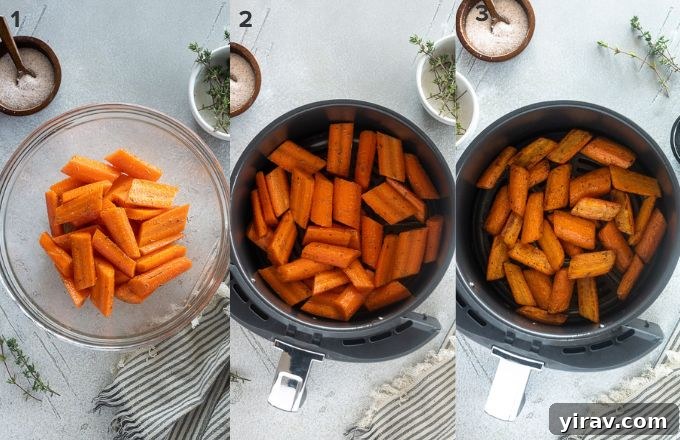 Effortless Air Fryer Roasted Carrots 5 A collage showing the simple steps to cook carrots in an air fryer.