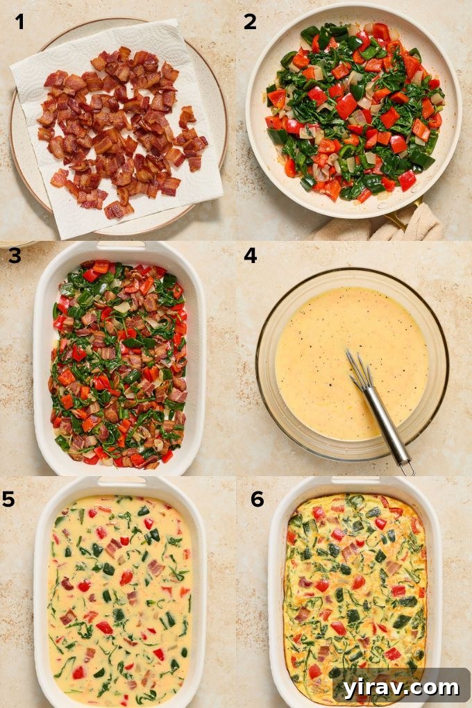 Effortless Bacon and Egg Bake 5 A visual guide showing how to cook bacon and vegetables for the egg bake, then assembling the casserole in a baking dish.
