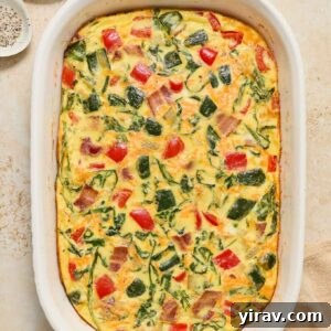Bacon and egg casserole in baking dish.