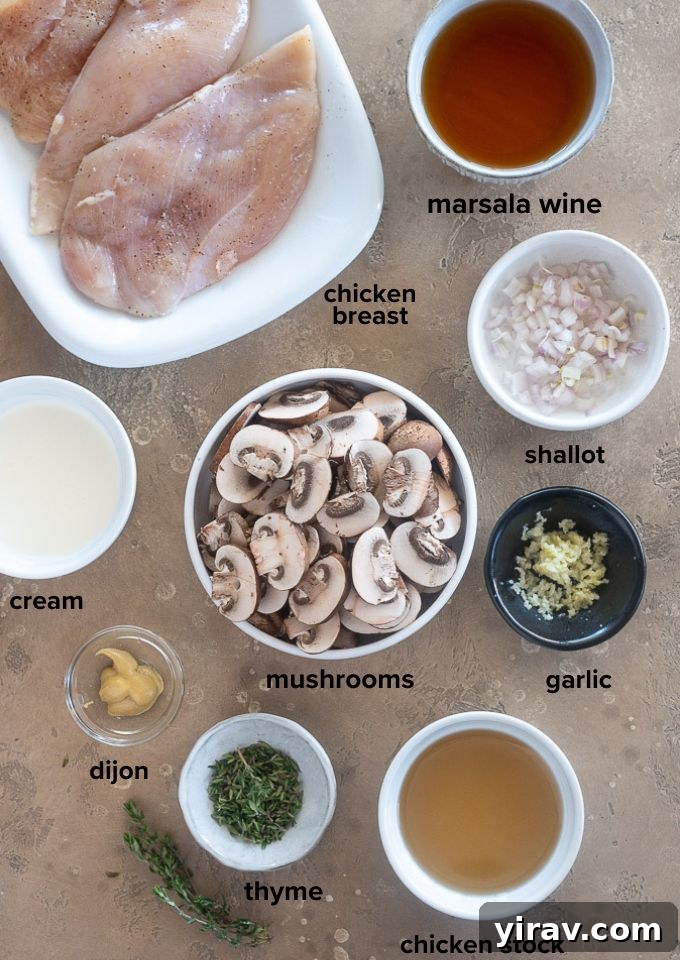 Various fresh ingredients laid out on a kitchen counter, including chicken breasts, mushrooms, Marsala wine, and herbs, for creamy chicken marsala.