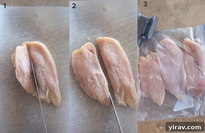 Step-by-step image showing how to butterfly a chicken breast by cutting it horizontally.
