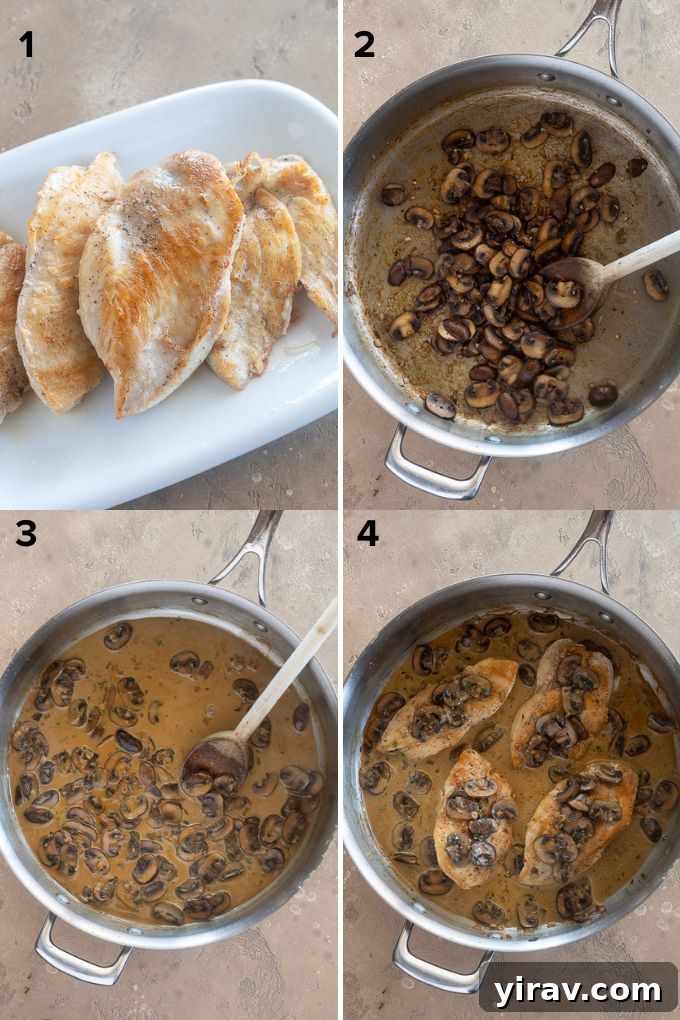 Sequence of images illustrating the cooking process of chicken marsala in a skillet, from searing chicken to simmering the sauce.