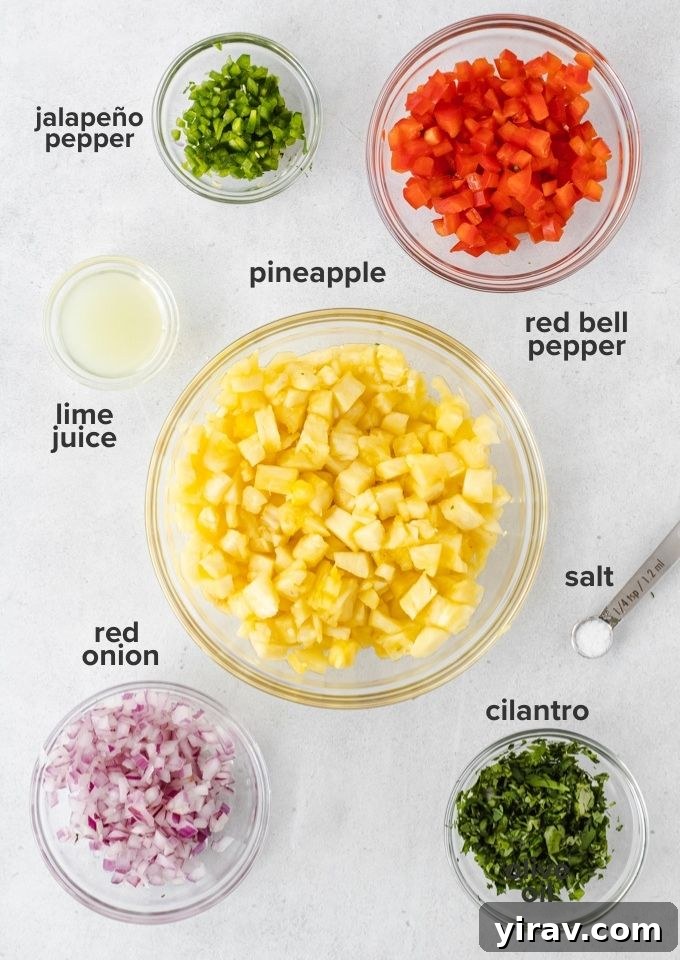 A selection of fresh ingredients for pineapple salsa, including a whole pineapple, red bell pepper, jalapeño, red onion, cilantro, and limes.
