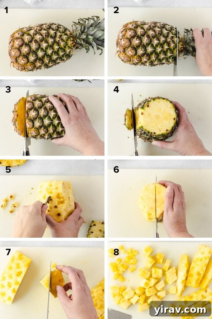 A step-by-step collage demonstrating how to properly cut a pineapple into edible pieces.