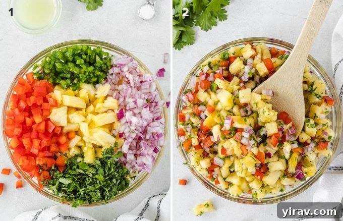 A collage showing the simple process of combining ingredients for pineapple salsa in a bowl.