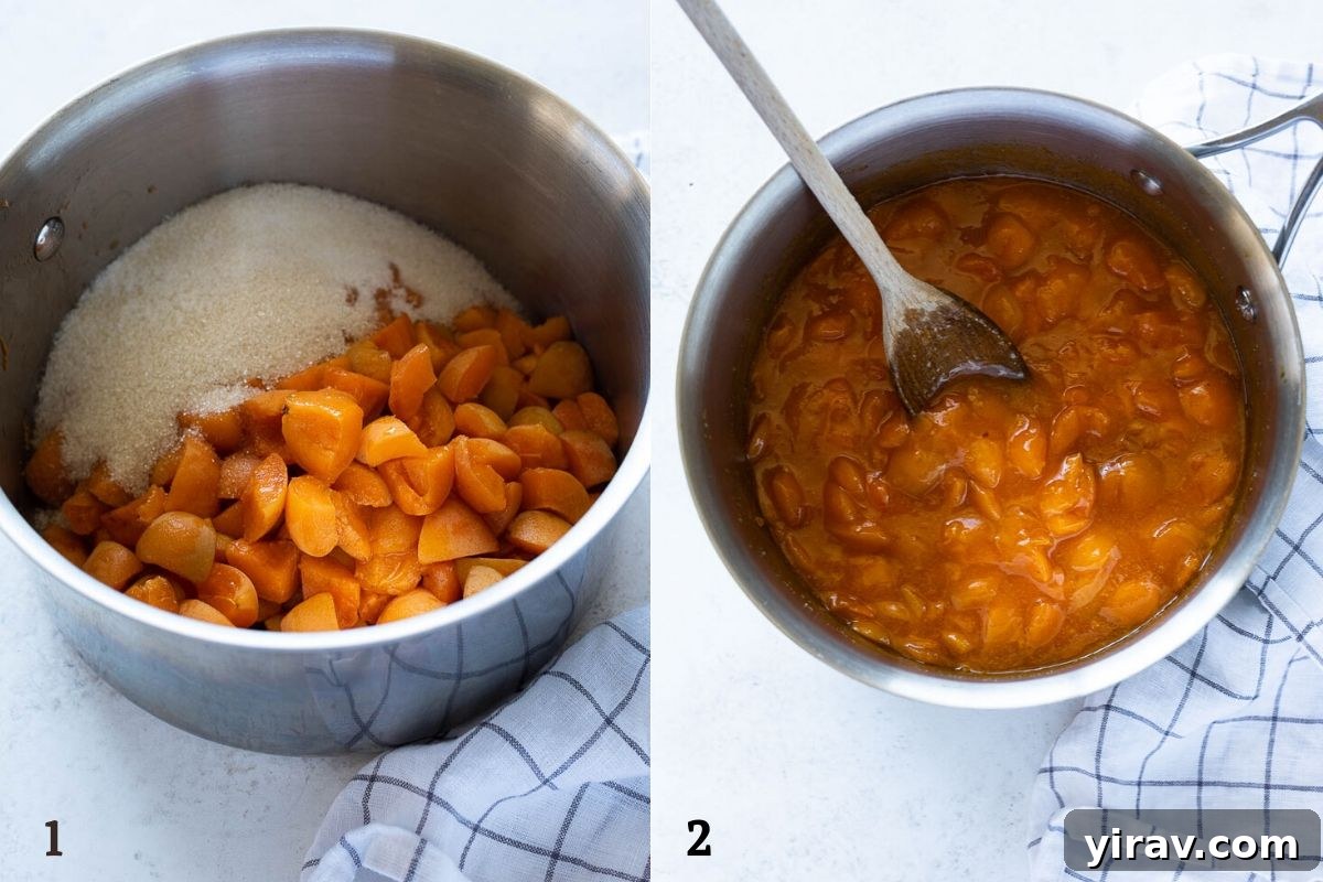 Handcrafted Golden Apricot Jam 5 A collage showing fresh apricots in a bowl next to a pot of jam simmering on the stove, illustrating the cooking process.