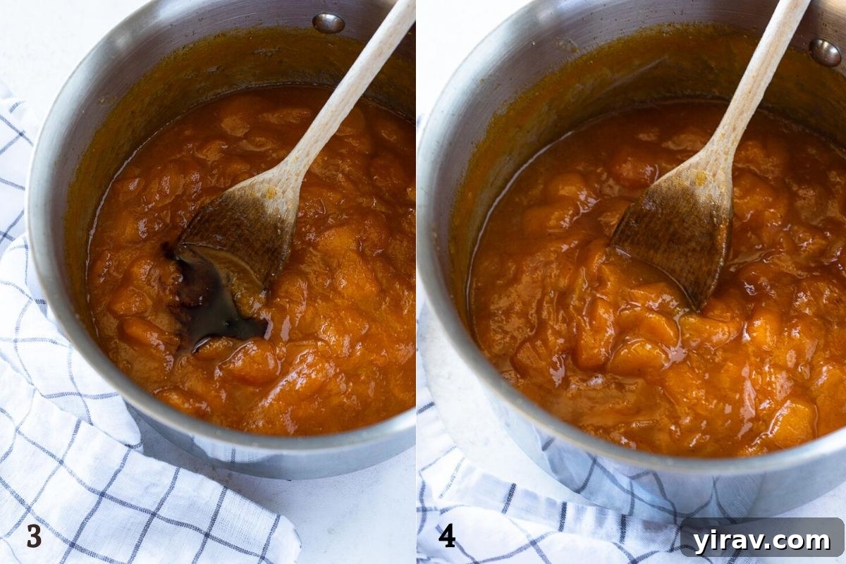 Handcrafted Golden Apricot Jam 6 A collage showing the jam in the pot before and after vanilla is stirred in, highlighting the final step.