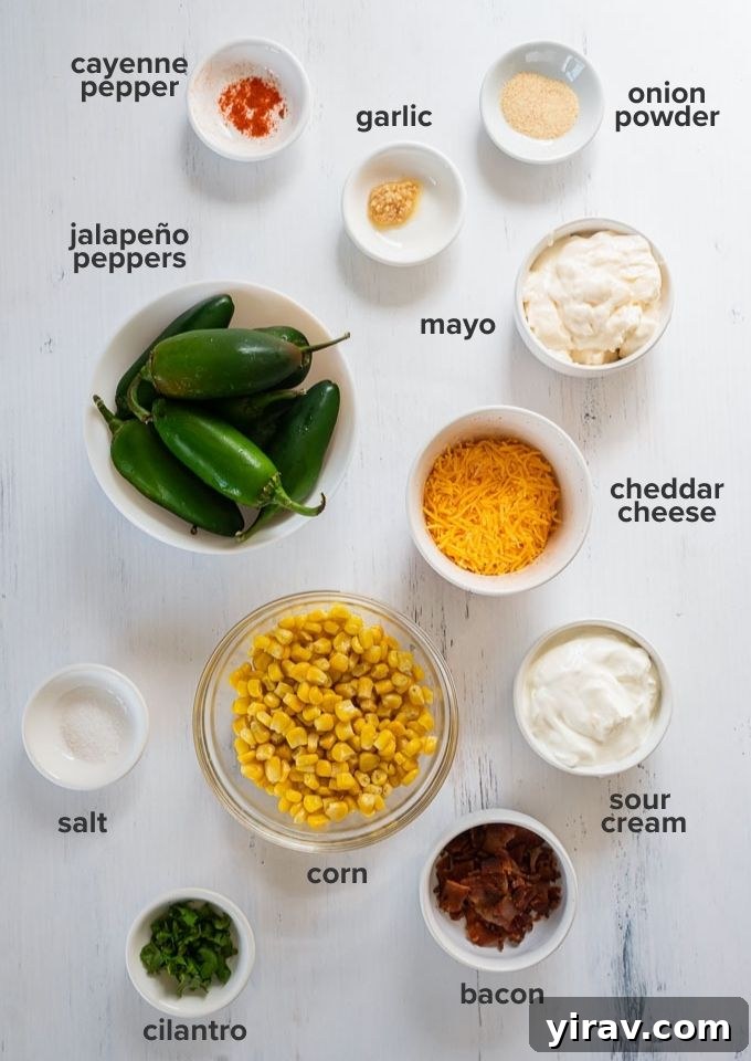 Stuffed jalapeno pepper ingredients including corn, cheese, mayonnaise, and spices
