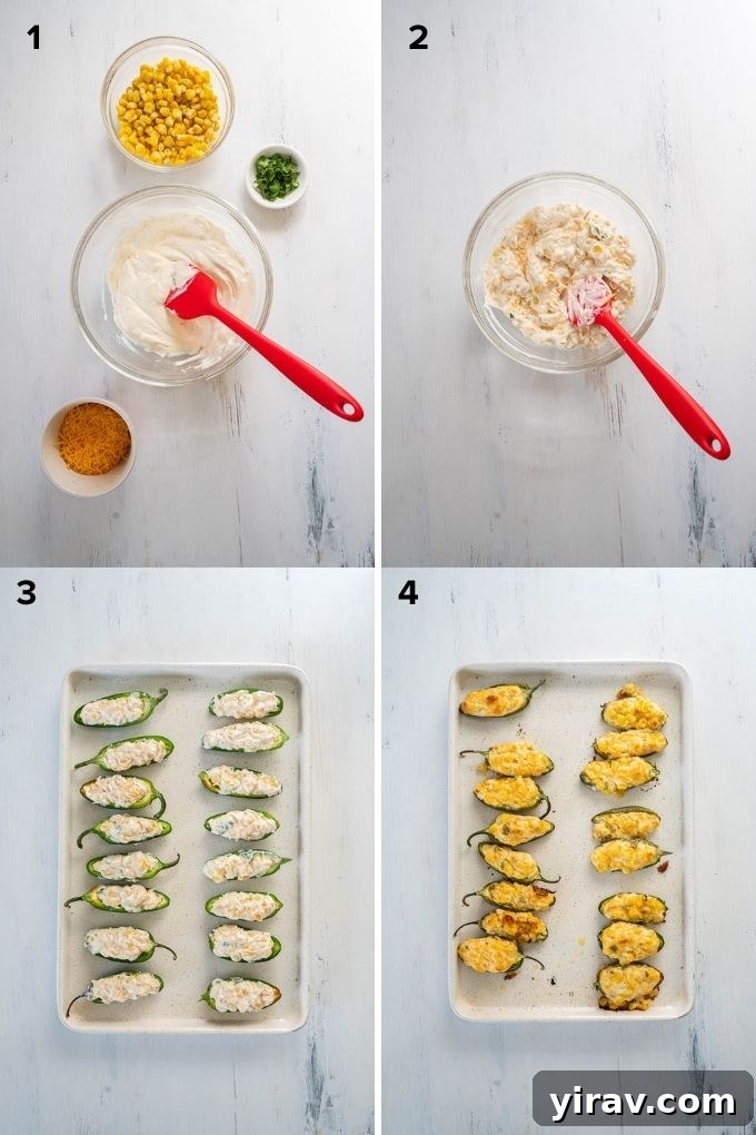 How to make stuffed jalapeños, showing the steps of mixing and stuffing