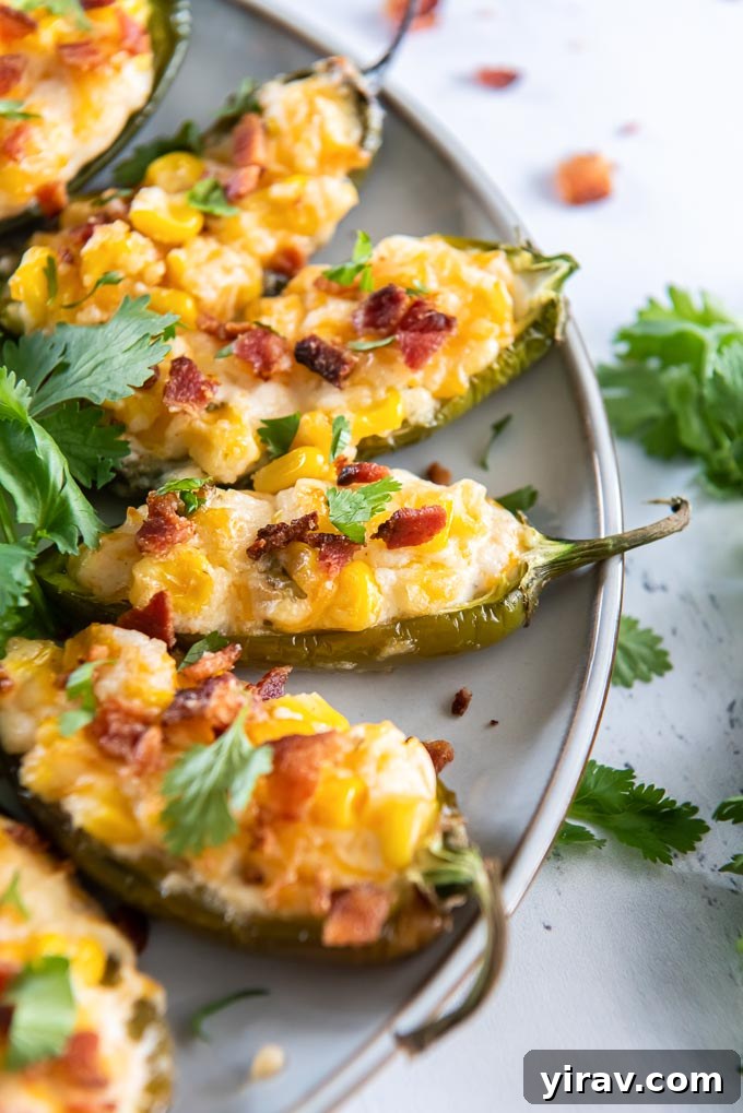 Corn dip stuffed jalapeño peppers on a gray plate with bacon and cilantro garnish