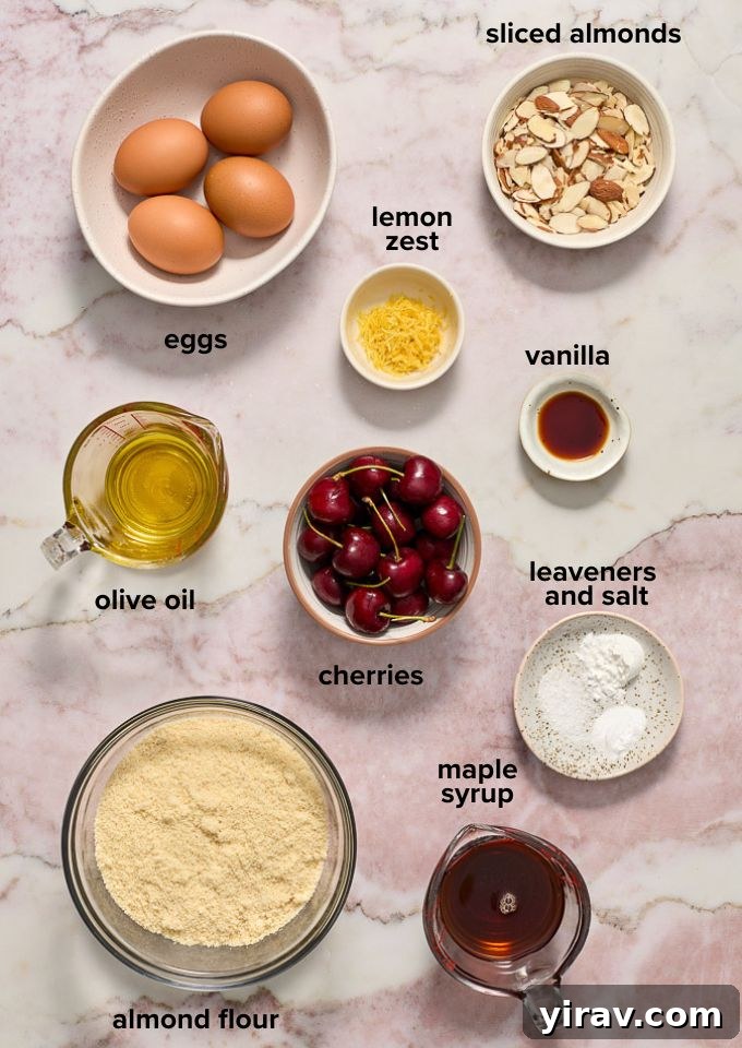 Cherry and almond cake recipe ingredients.