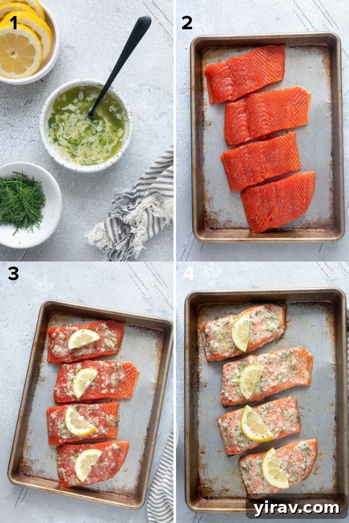 Irresistible Garlic Butter Salmon 5 Step-by-step process of preparing garlic butter salmon on a baking sheet.