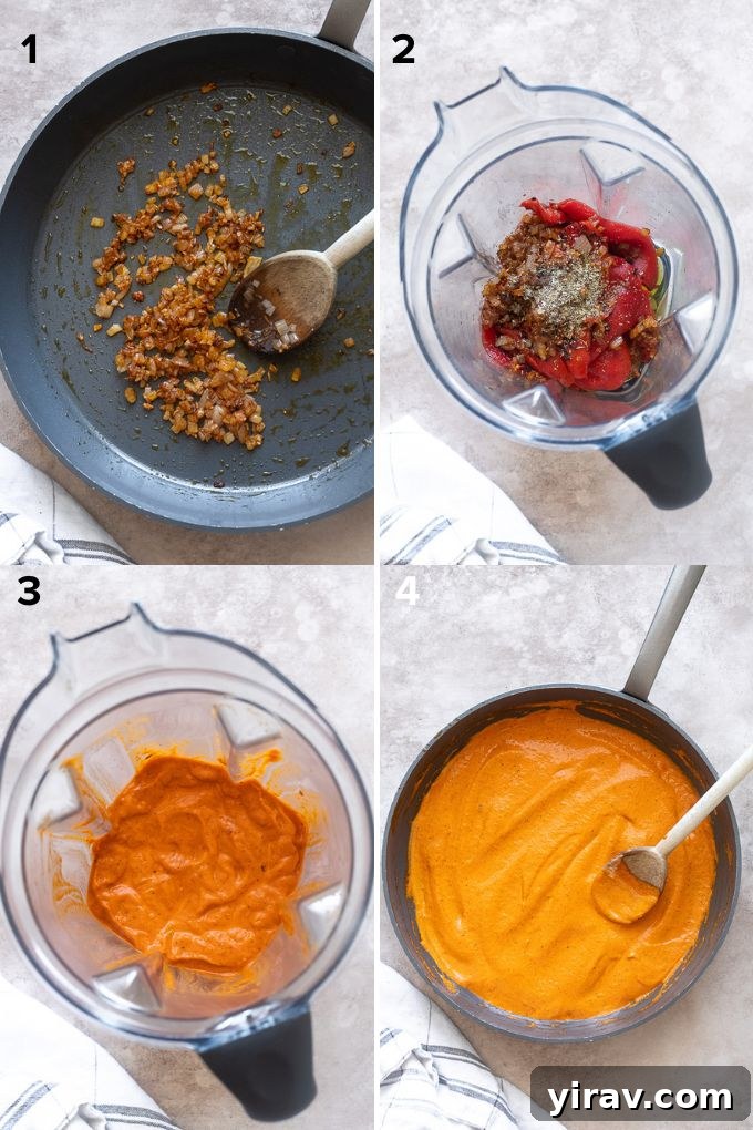 Step-by-step process of making roasted red pepper sauce.