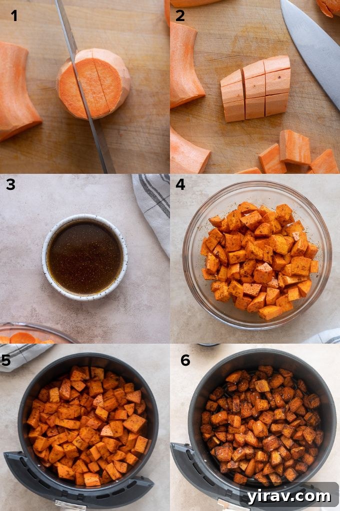 A step-by-step image showing how to season and prepare sweet potato cubes for the air fryer.