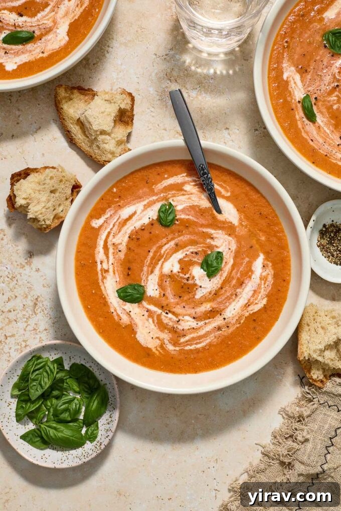 A beautifully presented bowl of creamy roasted tomato soup, garnished with fresh basil, with slices of crusty bread on the side.