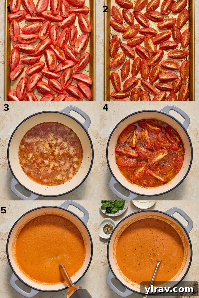 A visual step-by-step guide illustrating the process of making roasted tomato soup, from roasting to simmering.