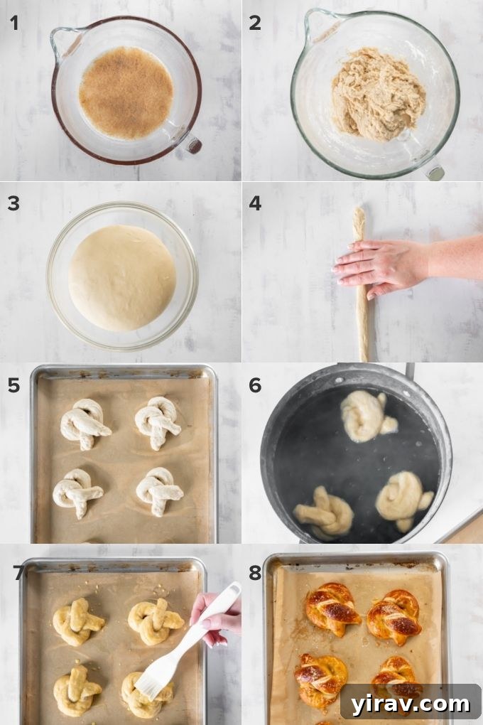 A visual step-by-step guide illustrating the process of making homemade soft pretzels, from dough preparation to shaping and boiling, showcasing key stages.