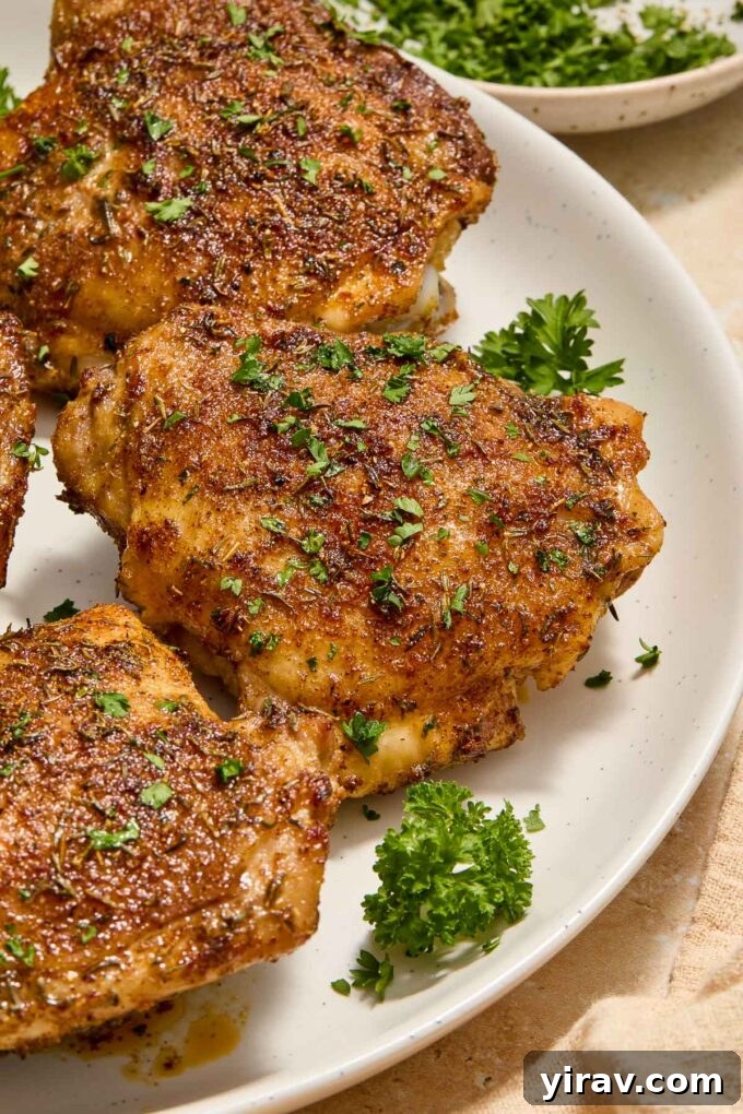 Crispy Air Fryer Chicken Thighs garnished with fresh parsley on a white plate.