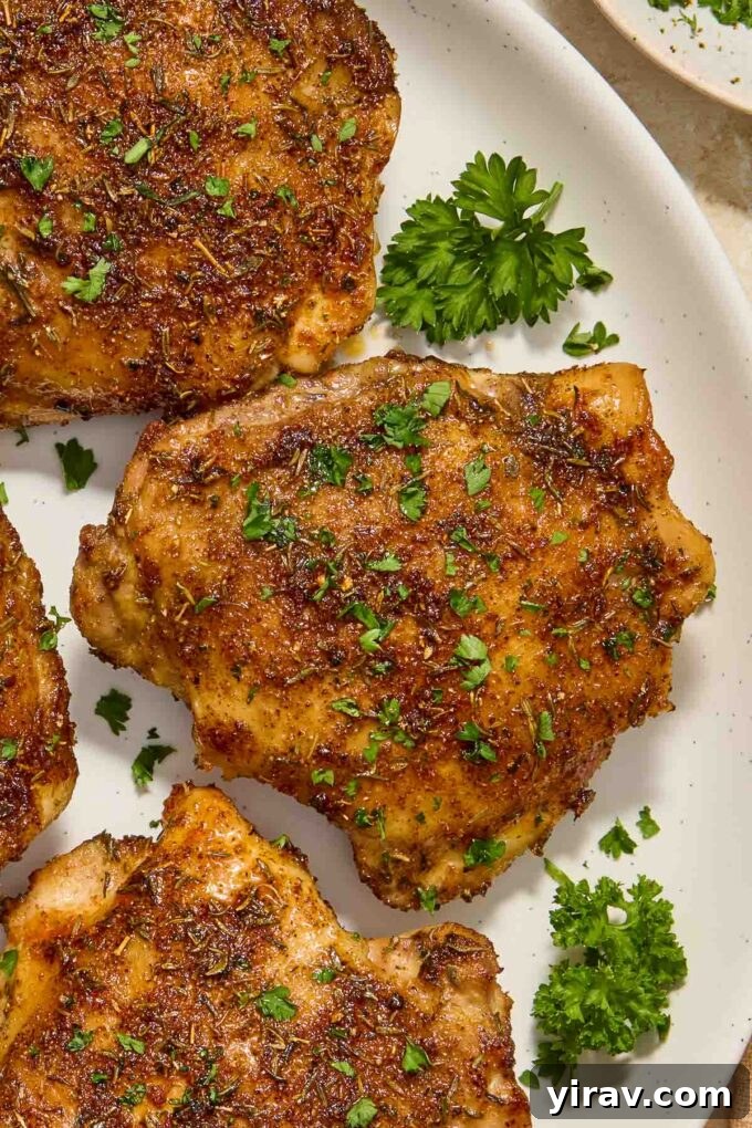 A serving platter beautifully arranged with crispy Air Fryer Chicken Thighs and a light garnish.