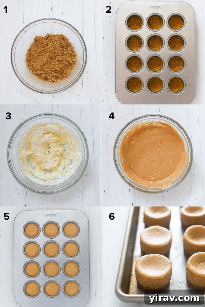 Bite Sized Pumpkin Cheesecake Treats 5 A visual guide showing the steps to assemble mini pumpkin cheesecakes in a specialized pan.