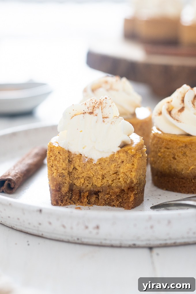 Bite Sized Pumpkin Cheesecake Treats 8 A mini pumpkin spice cheesecake artfully cut in half on a plate, revealing its creamy interior.