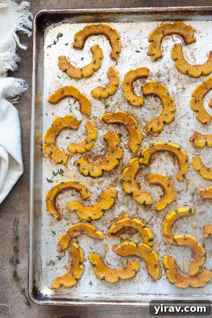 Maple-Kissed Delicata Delight 3 Oven Roasted Delicata Squash on a sheet pan.