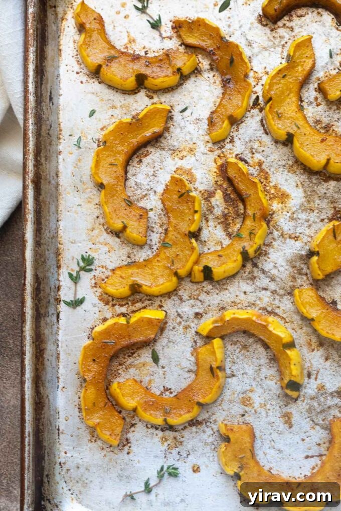 Maple-Kissed Delicata Delight 6 Roasted delicata squash on a sheet pan with thyme sprigs.