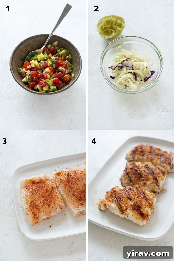 A visual collage showing the step-by-step process of making grilled fish tacos, from preparing ingredients to grilling the fish.