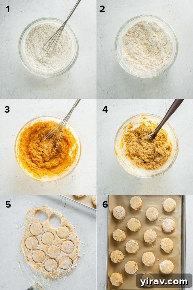 Collage showing step-by-step process of making sweet potato biscuits dough.