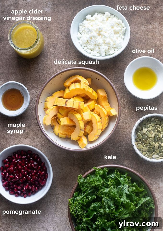Roasted delicata squash salad recipe ingredients laid out, highlighting freshness.