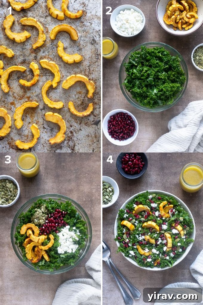 Visual steps on how to make delicata squash kale salad, from prep to assembly.