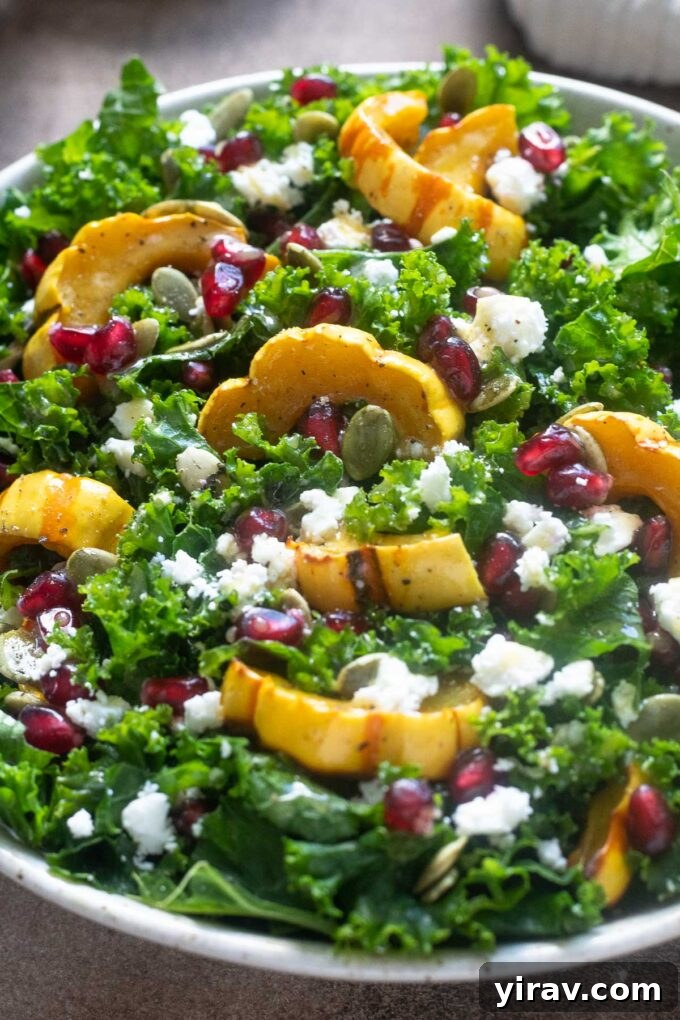 Vibrant delicata squash kale salad with feta cheese and pomegranate, ready to be served.