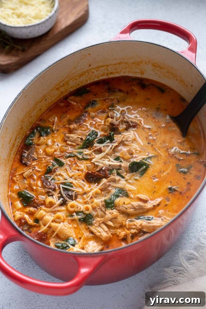 Cupid's Comfort Chicken Soup 6 Finished Tuscan chicken soup in a Dutch oven, ready to serve.