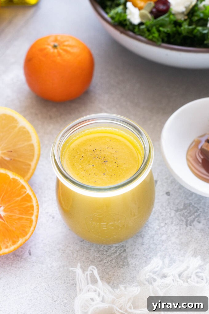 Zesty Citrus Vinaigrette 3 Freshly made citrus vinaigrette in a glass jar, garnished with black pepper.