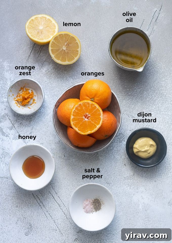 Zesty Citrus Vinaigrette 4 Key ingredients for citrus vinaigrette including oranges, lemons, olive oil, and dijon mustard.
