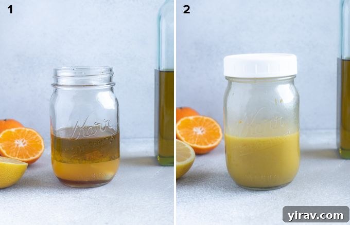 Zesty Citrus Vinaigrette 5 Step-by-step image showing ingredients being added to a jar for orange salad dressing.
