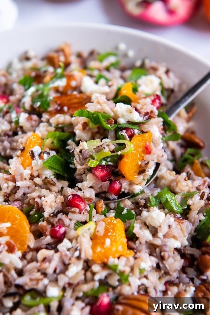 Spoonful of wild rice salad over a bowl