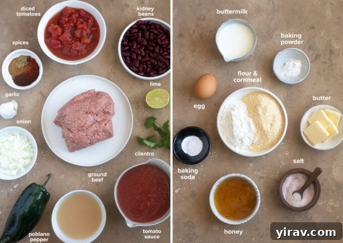 Comforting Chili Cornbread Bake 4 A selection of fresh ingredients for chili and cornbread casserole, including ground beef, vegetables, spices, and cornbread mix components.