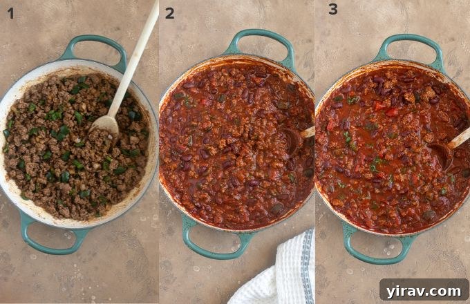 Comforting Chili Cornbread Bake 5 Step-by-step image demonstrating how to prepare the chili for chili and cornbread casserole, showing ingredients simmering in a skillet.