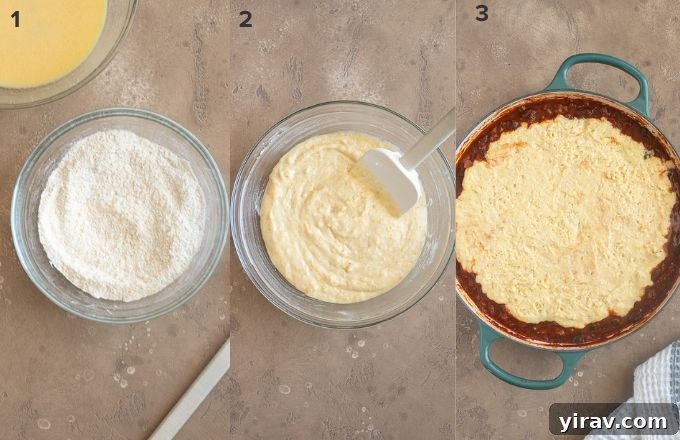 Comforting Chili Cornbread Bake 6 Preparing the cornbread topping and assembling the chili cornbread casserole in a skillet before baking.