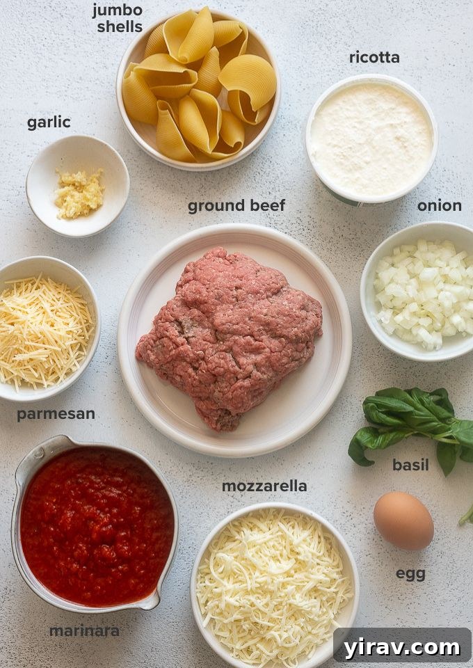 Arrangement of ingredients for ground beef stuffed shells including pasta shells, ground beef, ricotta, and cheese.