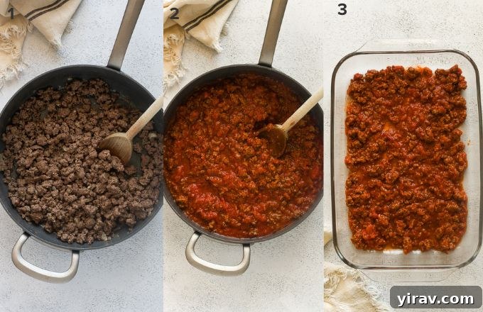 Detailed step-by-step image showing how to prepare the flavorful meat sauce for stuffed shells.