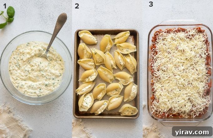 Visual guide to assembling stuffed shells, showing the ricotta filling being piped into the shells.