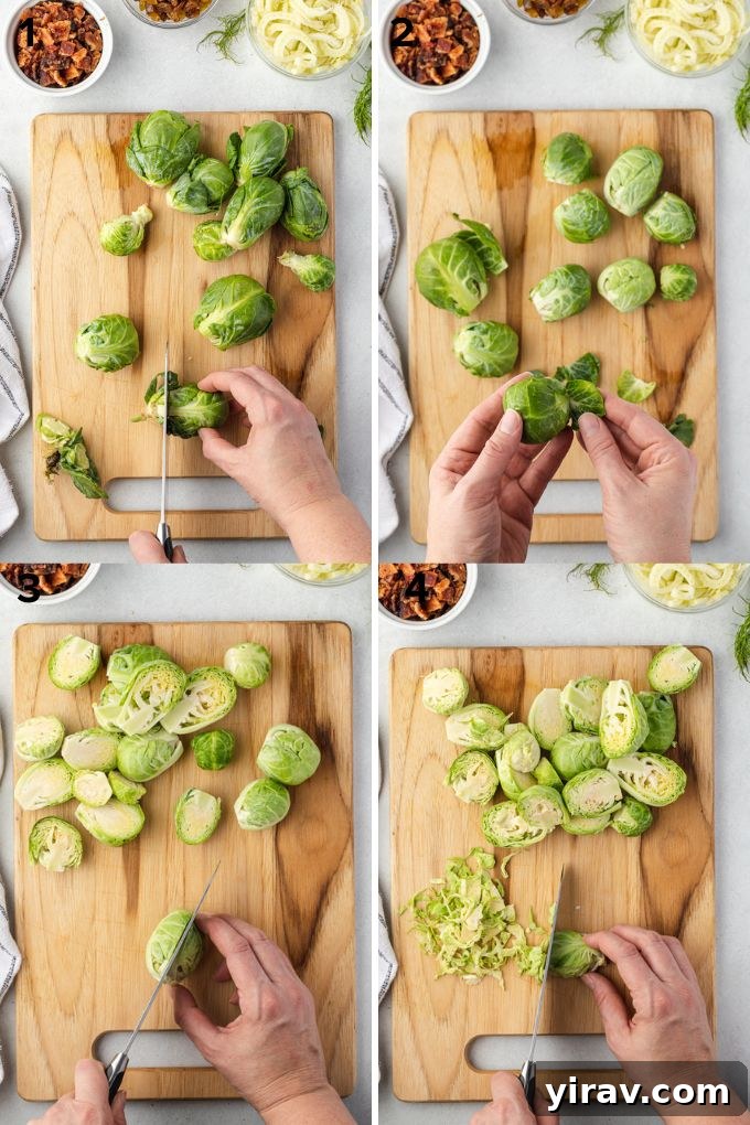A step-by-step visual guide showing how to properly shred Brussels sprouts on a cutting board using a sharp knife.